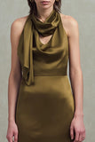 Olive Satin Sheath Neck Scarf Asymmetrical Formal Dress with Ruffles