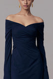 Simple Navy Mermaid Ruched Long Sleeves Formal Dress