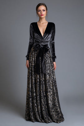 Sparkly Black Sequins Long Sleeves Holiday Party Dress with Bow