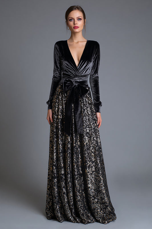 Sparkly Black Sequins Long Sleeves Holiday Party Dress with Bow