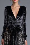 Sparkly Black Sequins Long Sleeves Holiday Party Dress with Bow