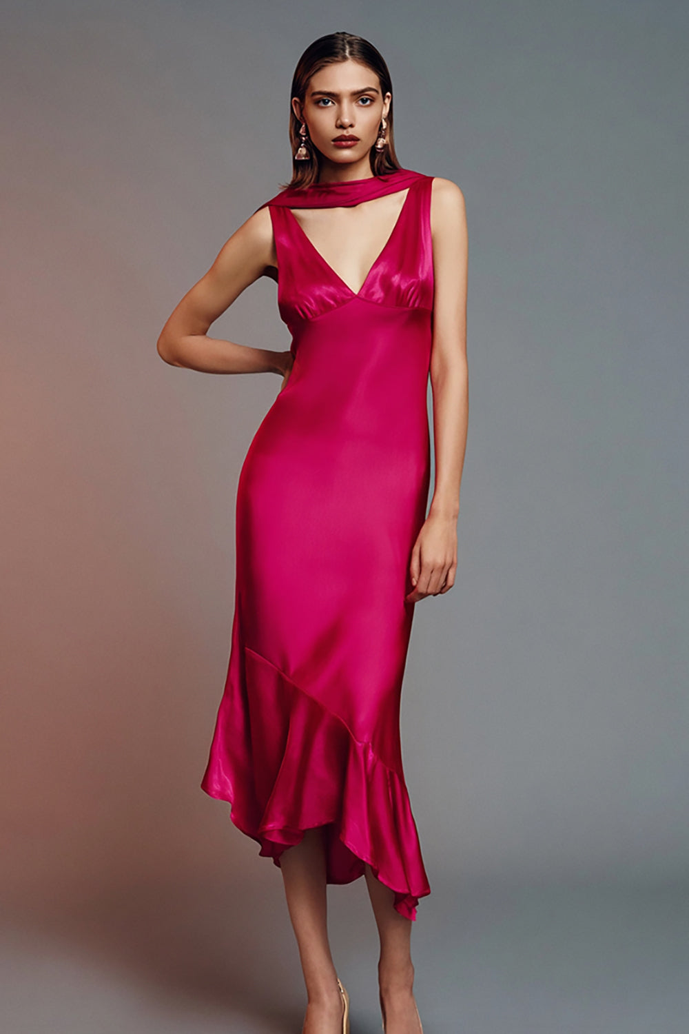 Fuchsia Satin Neck Scarf Asymmetrical Formal Dress with Ruffles