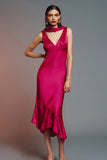 Fuchsia Satin Neck Scarf Asymmetrical Formal Dress with Ruffles