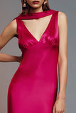 Fuchsia Satin Neck Scarf Asymmetrical Formal Dress with Ruffles
