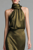Olive Satin Sheath High Neck Asymmetrical Formal Dress