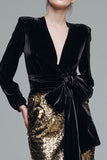 Sparkly Black and Gold Sequins Long Sleeves Holiday Party Dress with Bow