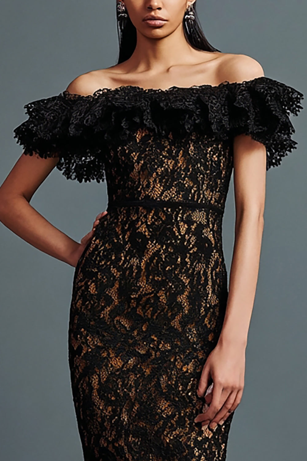 Black Mermaid Lace Off the Shoulder Long Formal Dress with Ruffles