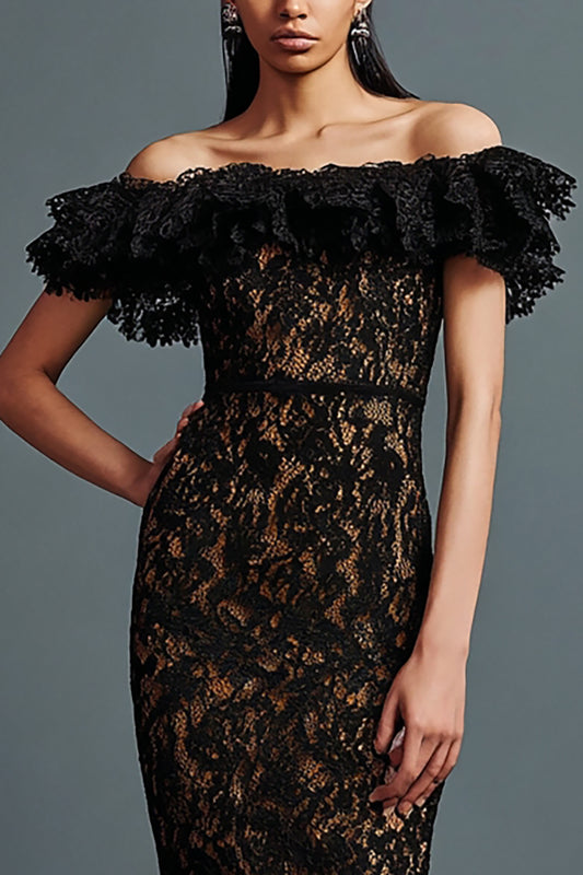 Black Mermaid Lace Off the Shoulder Long Formal Dress with Ruffles