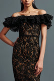 Black Mermaid Lace Off the Shoulder Long Formal Dress with Ruffles