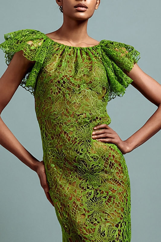 Green Lace Ruffled Mermaid Long Formal Dress