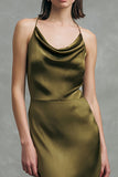 Olive Satin Cowl Neck Asymmetrical Formal Dress with Ruffles