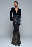 Sparkly Black Sequins V-Neck Long Sleeves Holiday Party Dress with Bow