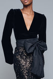 Sparkly Black Sequins V-Neck Long Sleeves Holiday Party Dress with Bow