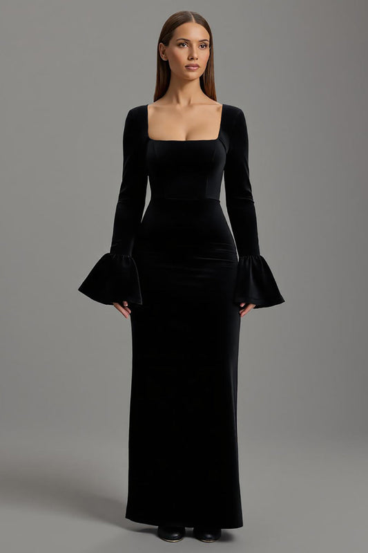Velvet Black Square Neck Sheath Long Holiday Party Dress with Sleeves