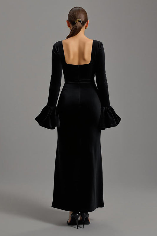 Velvet Black Square Neck Sheath Long Holiday Party Dress with Sleeves