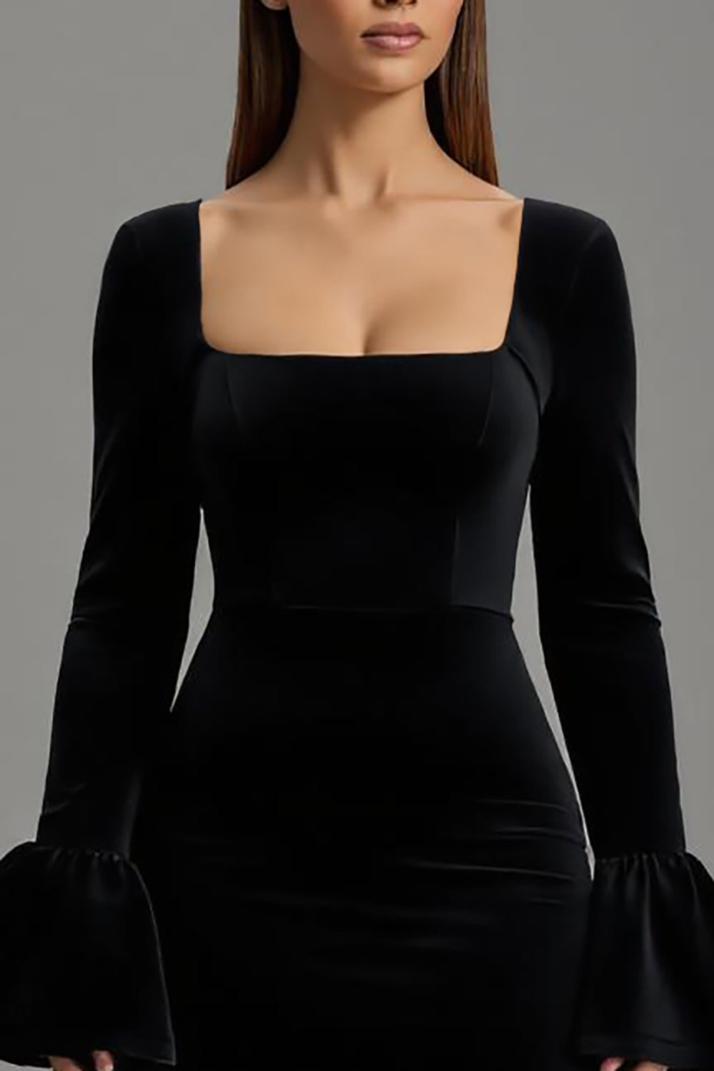 Velvet Black Square Neck Sheath Long Holiday Party Dress with Sleeves