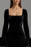 Velvet Black Square Neck Sheath Long Holiday Party Dress with Sleeves