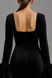 Velvet Black Square Neck Sheath Long Holiday Party Dress with Sleeves