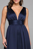 Simple Navy A Line Deep V Neck Long Formal Dress