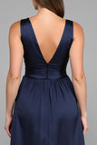 Simple Navy A Line Deep V Neck Long Formal Dress