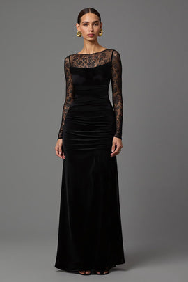  Black Velvet Long Sheath Formal Dress with Sleeves Illusion Neck Holiday Party Dress with Lace