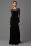  Black Velvet Long Sheath Formal Dress with Sleeves Illusion Neck Holiday Party Dress with Lace