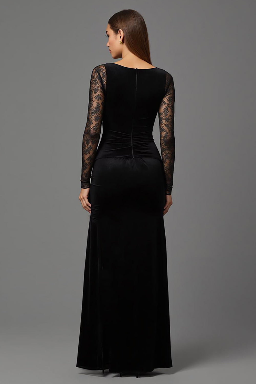 black illusion dress long sleeve June Bridals Tulle Long Sleeve Illusion Dress With Appliques And Deep-V Back