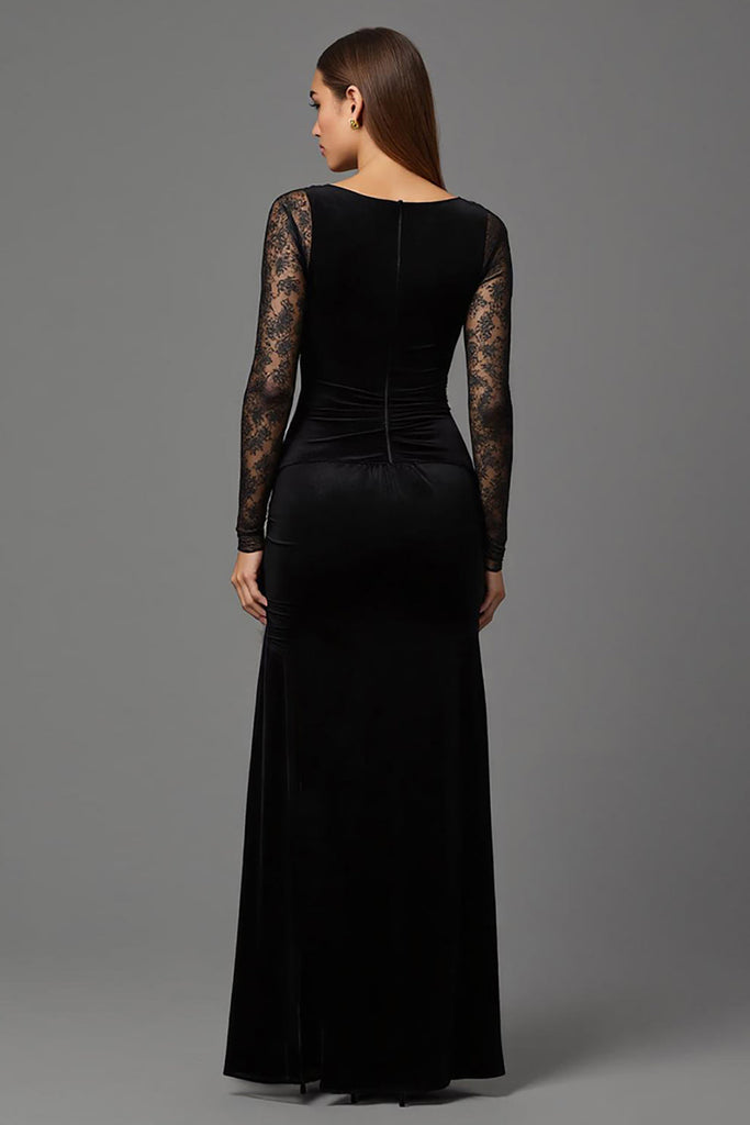 Zapakasa Women Black Velvet Long Sleeves Formal Dress with Lace Sheath