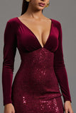 Sparkly Burgundy Sequins V-Neck Long Sleeves Formal Dress with Slit