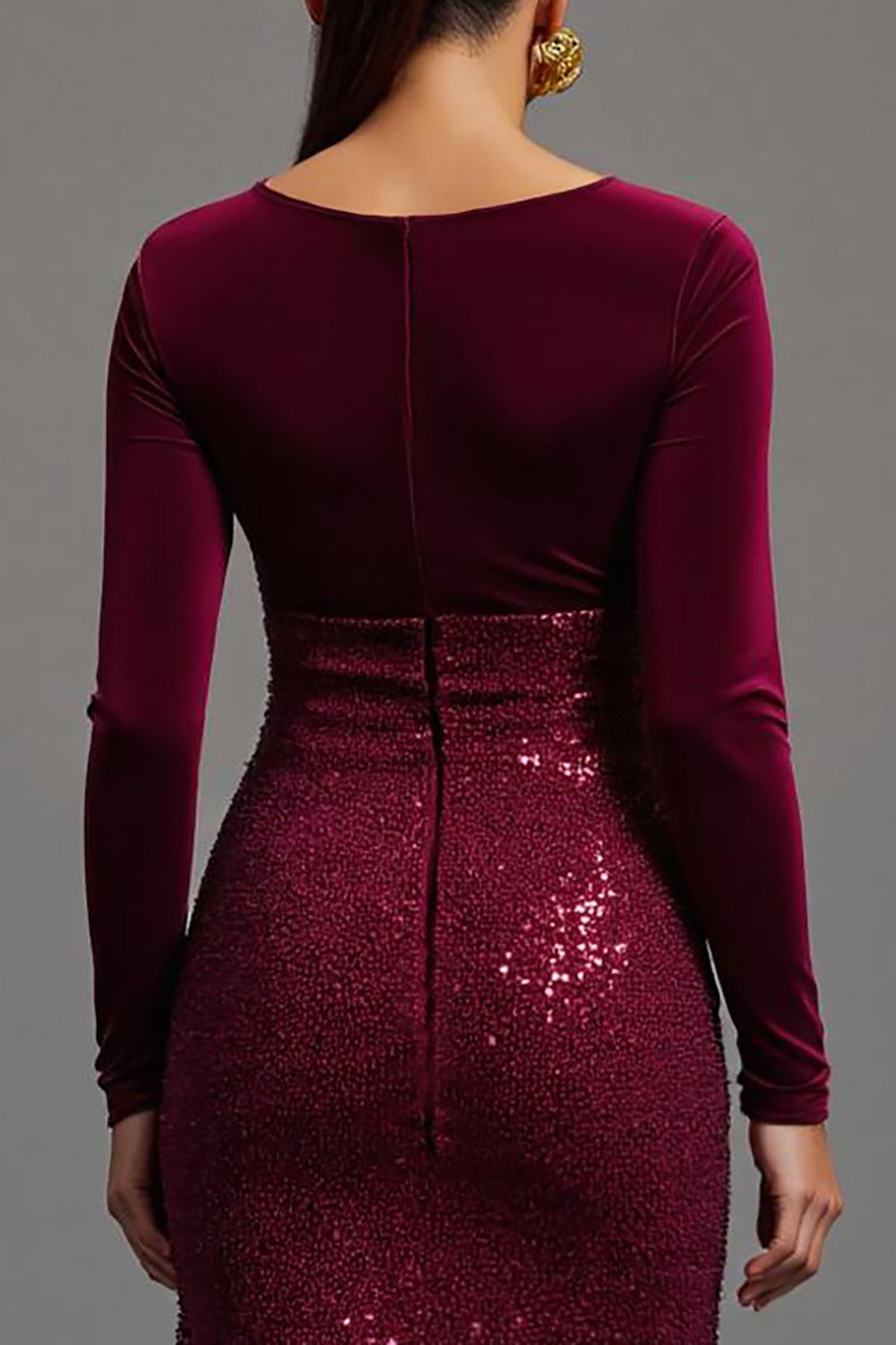 Sparkly Burgundy Sequins V-Neck Long Sleeves Formal Dress with Slit