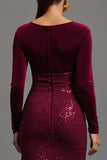 Sparkly Burgundy Sequins V-Neck Long Sleeves Formal Dress with Slit