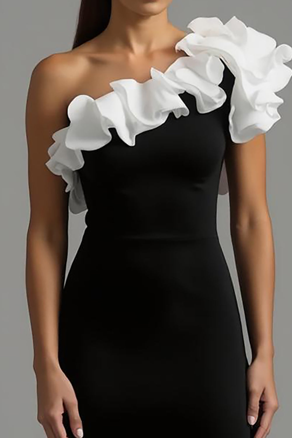 Black and White Sheath One Shoulder Long Formal Dress with Ruffles