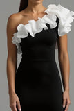 Black and White Sheath One Shoulder Long Formal Dress with Ruffles