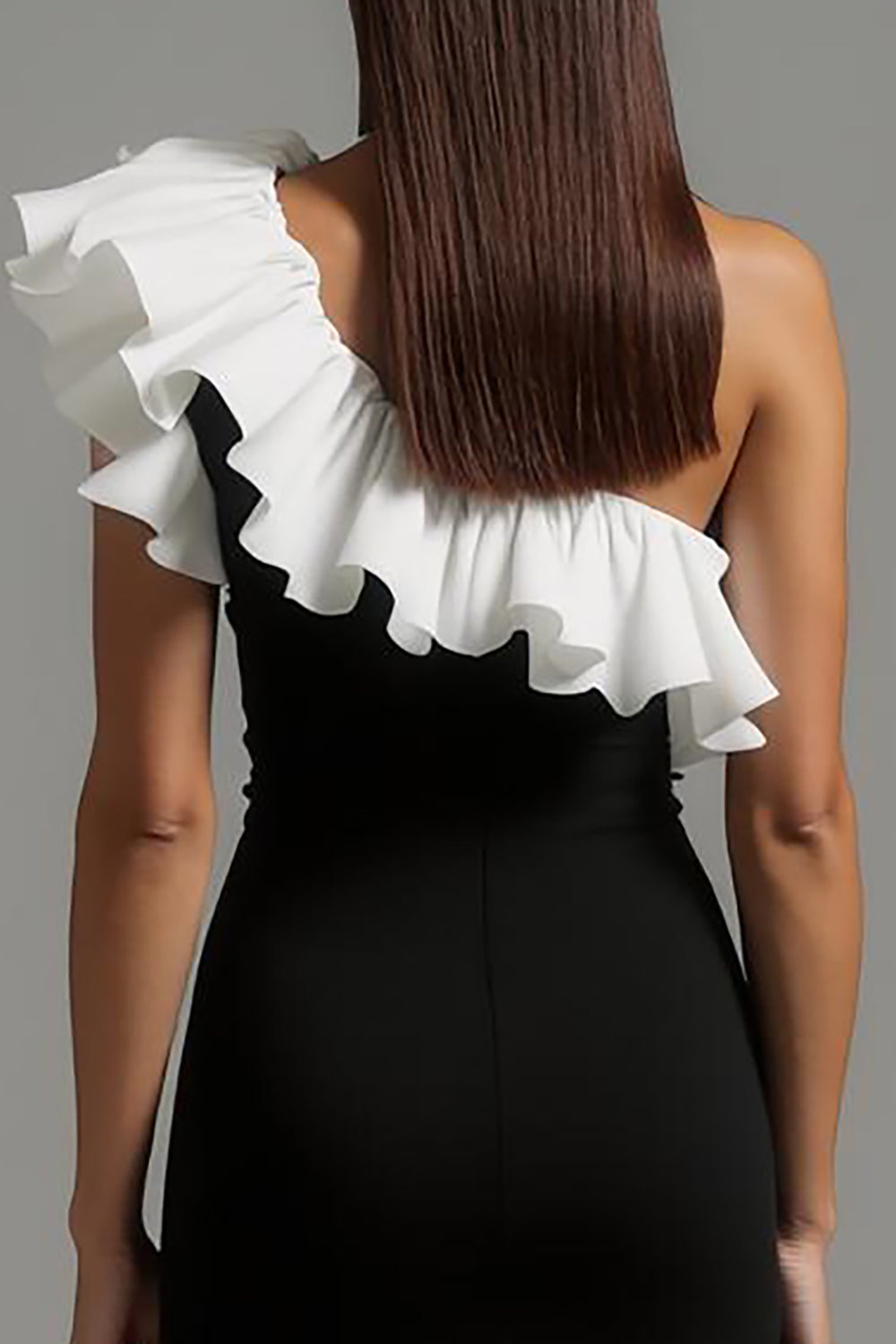 Black and White Sheath One Shoulder Long Formal Dress with Ruffles