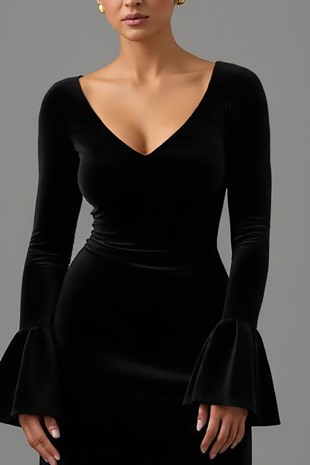 Black Velvet Sheath V Neck Long Sleeves Formal Dress