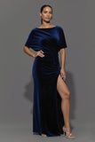 Navy Sheath Velvet Boat Neck Long Ruched Formal Dress with Slit