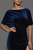 Navy Sheath Velvet Boat Neck Long Ruched Formal Dress with Slit