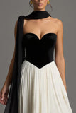 Black and White Chiffon Sweetheart A Line Pleated Long Formal Dress