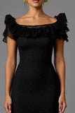Black Lace Sheath Boat Neck Long Formal Dress with Ruffles
