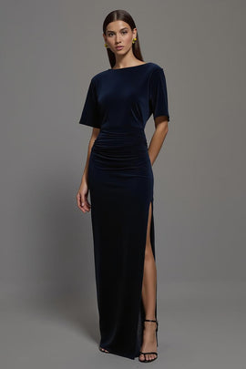 Navy Velvet Bateau Neck Sheath Long Formal Dress with Sleeves