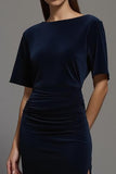 Navy Velvet Bateau Neck Sheath Long Formal Dress with Sleeves