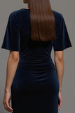 Navy Velvet Bateau Neck Sheath Long Formal Dress with Sleeves