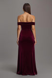 Burgundy Velvet Off The Shoulder Sheath Long Formal Dress with Slit