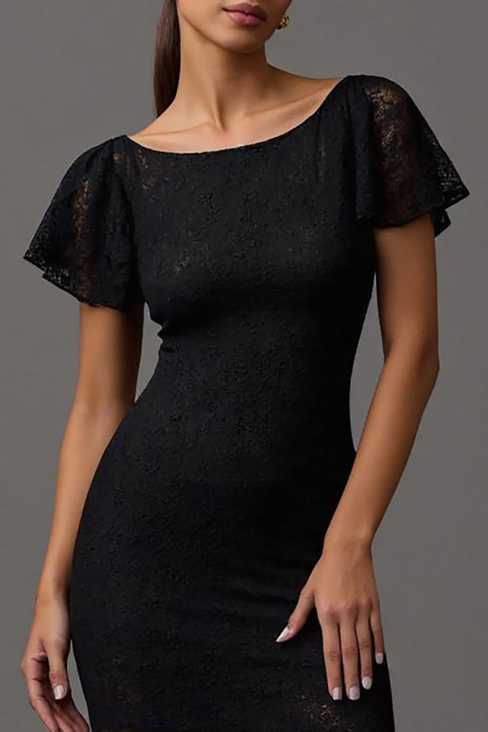 Black Lace Sheath Boat Neck Long Formal Dress with Sleeves