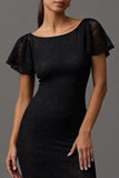 Black Lace Sheath Boat Neck Long Formal Dress with Sleeves
