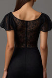 Black Lace Sheath Boat Neck Long Formal Dress with Sleeves