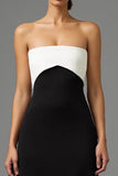 Simple Black and White Sheath Strapless Long Formal Dress with Bow