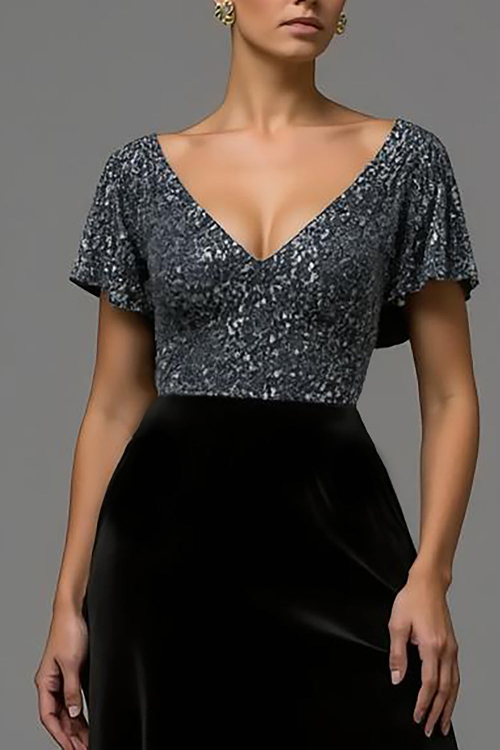 Sparkly Black and Grey Velvet A Line V Neck Long Formal Dress with Sleeves