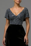 Sparkly Black and Grey Velvet A Line V Neck Long Formal Dress with Sleeves