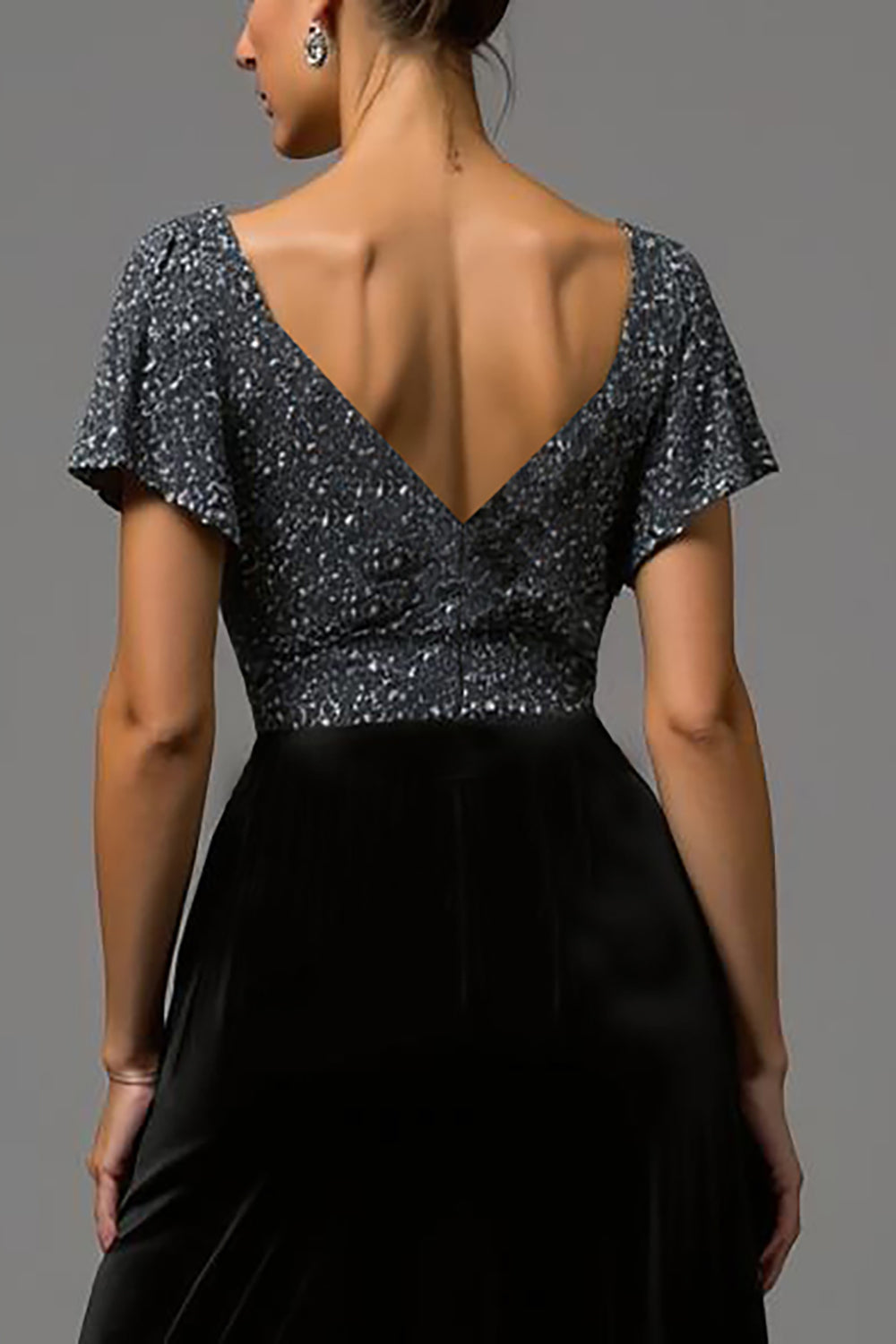 Sparkly Black and Grey Velvet A Line V Neck Long Formal Dress with Sleeves